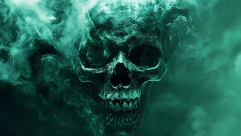 Human skull emerging from dense green smoke formation.