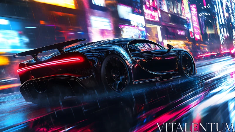 Futuristic hypercar racing through neon city rainstorm.