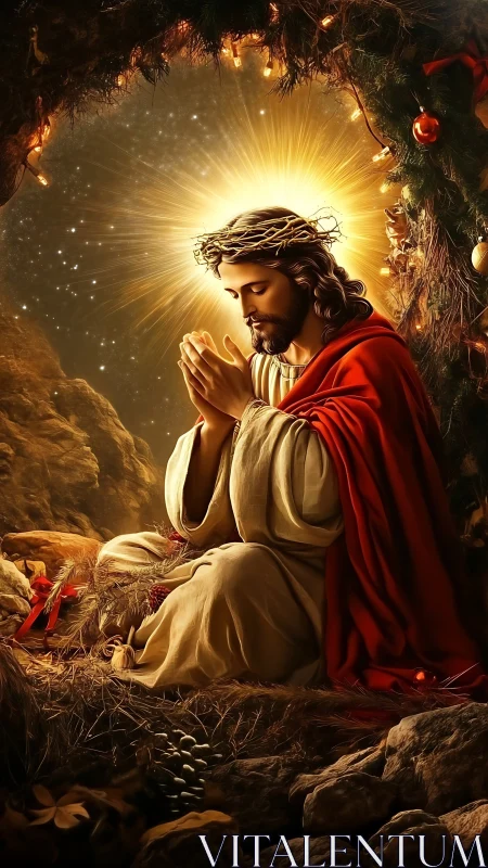 Sacred night prayer radiates golden, reverent Christmas light
