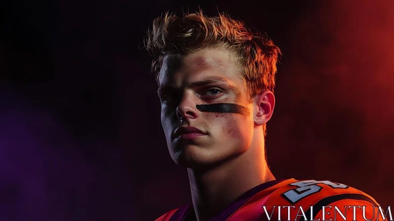 Portrait of young male football player under colored light.