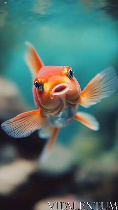 Goldfish portrait captures curious gaze in turquoise water.