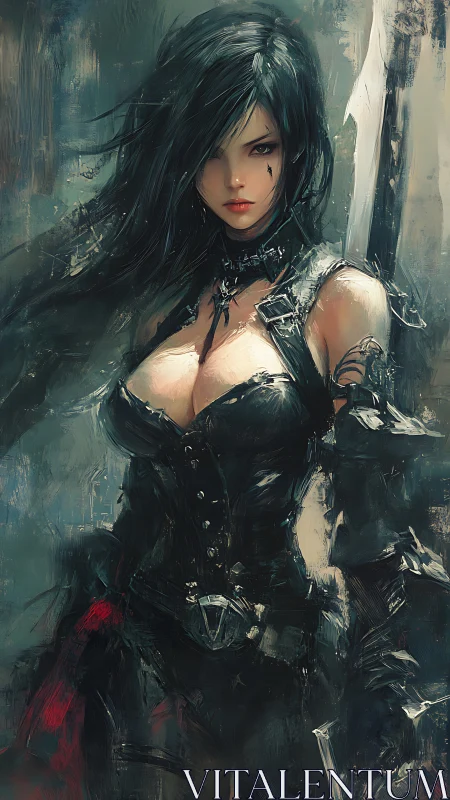 Armored gothic swordswoman in dynamic digital brushwork.