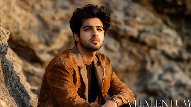 Thoughtful young man rests calmly against rugged stone cliffs