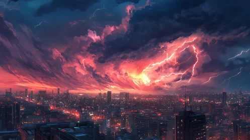 Storm lit city skyline under intense burning sunset clouds.