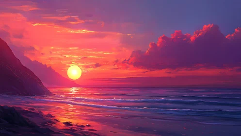 Radiant magenta sunset over reflective shoreline waves.