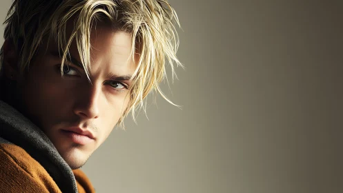 Intense blond portrait captures moody gaze in soft light.