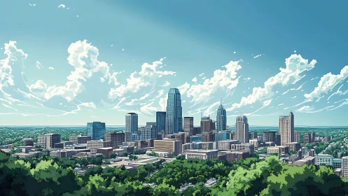 Sunlit city skyline rises calmly above a lush green foreground