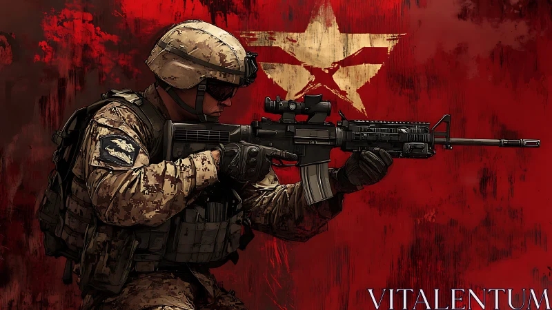 Armored soldier with rifle before distressed red star banner.