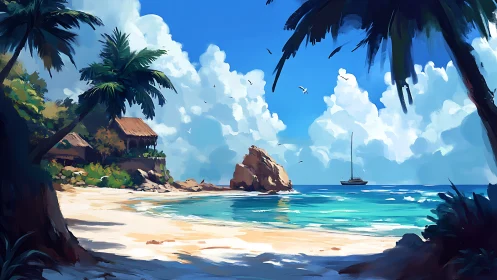 Tropical beach cove with sailboat and palm trees under clear sky.