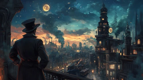 Steampunk gentleman surveys a luminous industrial skyline at dusk.