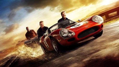 Sunlit racetrack mischief with vintage red rocket car heroes.