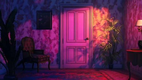 Dreamy pink doorway glowing in a cozy vintage hallway.