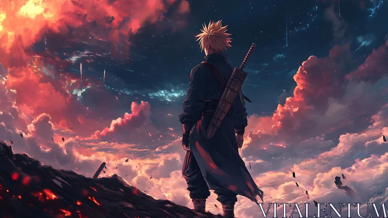 Sword-bearing figure on clouded volcanic ridge at dusk.