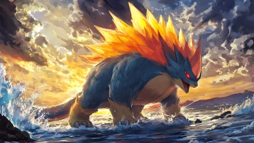 Fiery spined monster strides through rough ocean surf at sunset