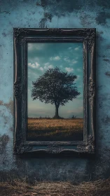 Framed landscape photograph shows isolated tree in field