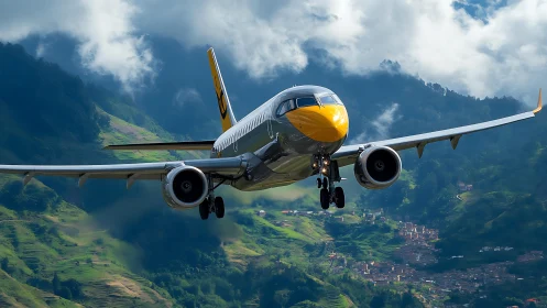 Passenger jet approaches mountainous runway in daylight