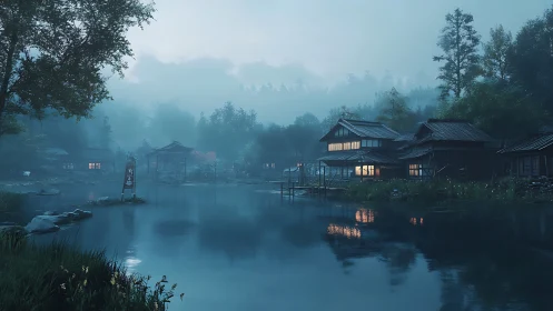 Foggy lakeside Japanese village at dusk with warm lit windows