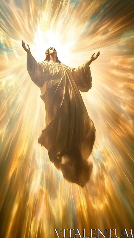 Radiant robed figure ascending through luminous golden light