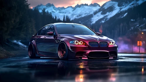 Modified red sedan on wet mountain road at dusk.