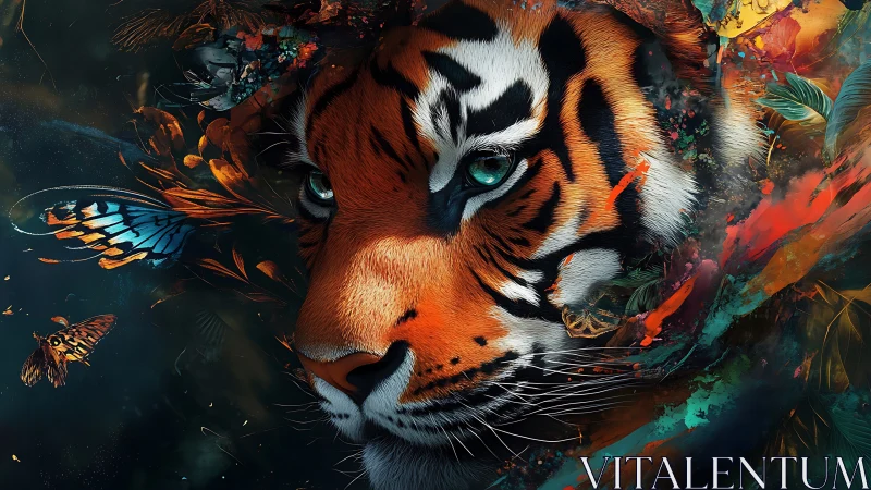Tiger portrait blended with butterflies and abstract color.