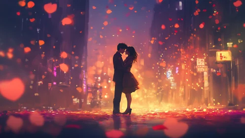 Romantic couple kissing in neon-lit city street with floating hearts