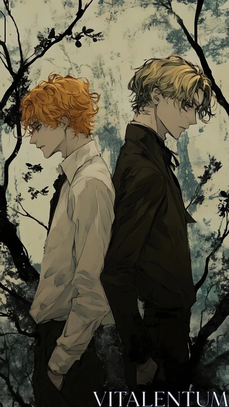 Two male figures stand back to back in stylized profile view