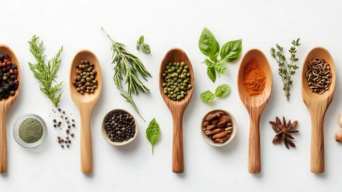 Overhead arrangement of wooden spoons with mixed herbs and spices