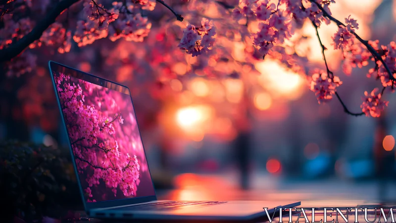 Laptop under cherry blossoms at vivid sunset glow.