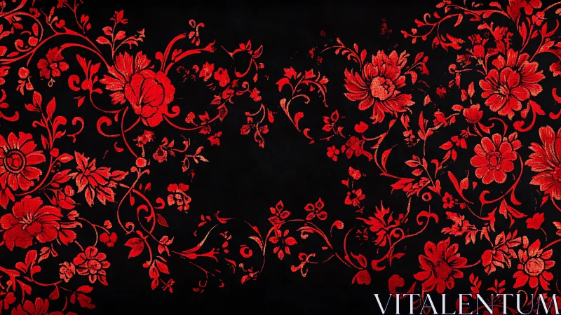 Ornate red floral brocade pattern rendered on deep black field