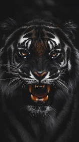 Snarling tiger portrait with dark background focus.