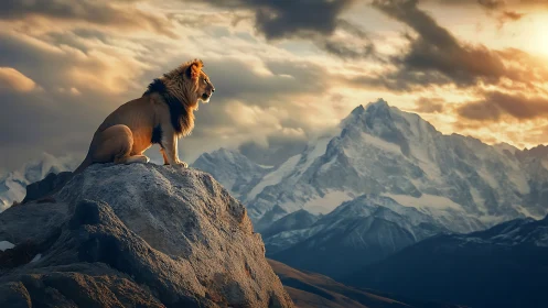 Mountain king lion greeting stormlit alpine horizon.