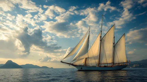 Four-masted sailing vessel on calm coastal waters at dusk.