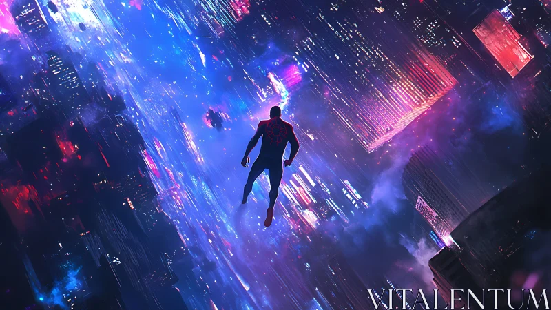 Spider-like hero falls through neon multiverse cityscape