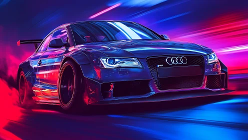 Neon-lit sports car races through a futuristic cyber tunnel