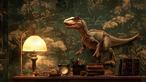 Cozy study corner watched over by a curious little dinosaur.