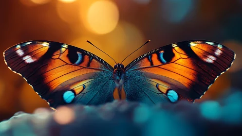 Glowing butterfly resting softly in golden evening light.