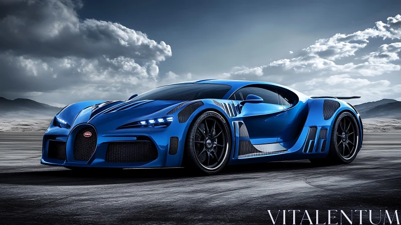 Blue hypercar on open road under dramatic cloudy sky.