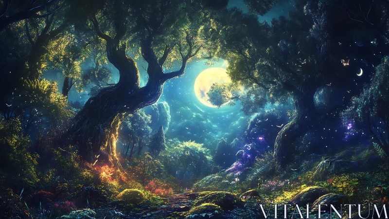 Luminescent Forest Cathedral: Moonlit Canopy Through Ancient Trees.