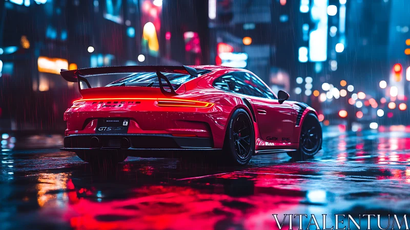 Red performance coupe reflects neon rain across wet city street