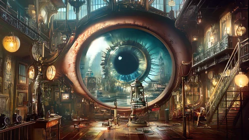 Curious steampunk observatory with a city inside an eye.