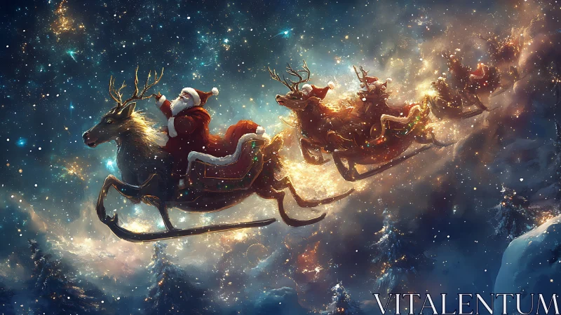 Santa in flying sleigh pulled by reindeer over snowy forest