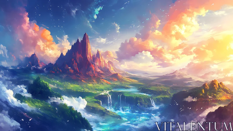 Digital painting of luminous fantasy mountains and cascades.
