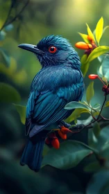 Teal songbird rests among berries in glowing forest light.