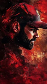 Profile portrait of bearded man in cap amid abstract red field