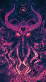 Eldritch horned leviathan in luminous magenta void.
