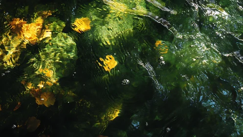 Sunlit green water surface distorts submerged yellow leaves