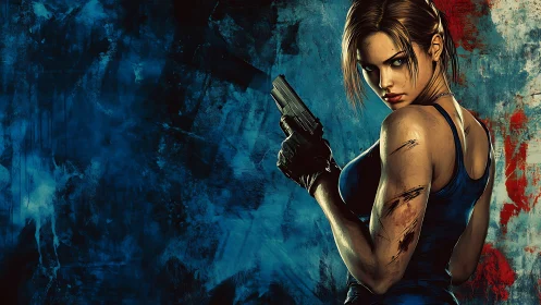 Battle-scarred heroine aiming pistol against grunge backdrop.