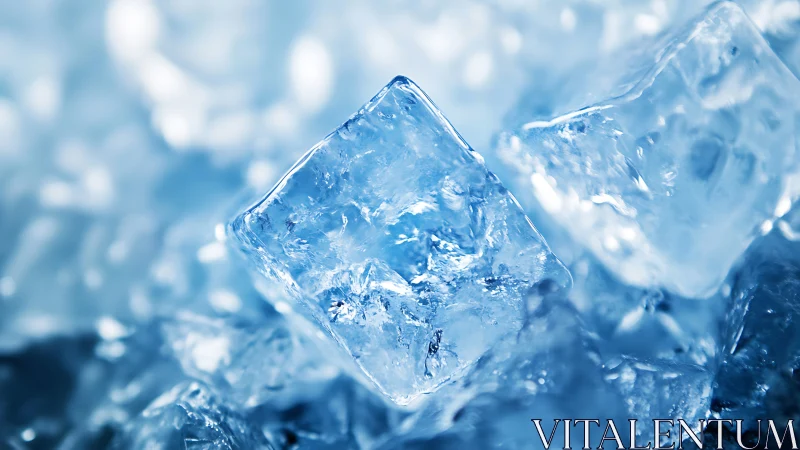 Crystal ice cubes gleam in cool blue macro focus.
