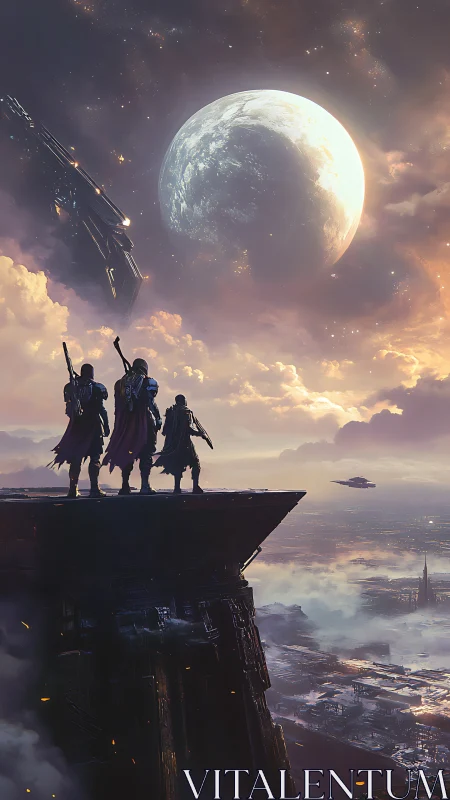 Three armored figures stand on a cliff above a sci fi city