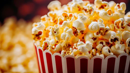 Cinematic buttered popcorn in striped carton under warm light.